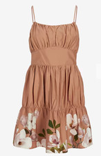 NEW Express Pink Print Ruched Floral Tiered Poplin Mini Dress Size XS