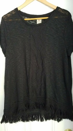 Women's Faded Glory Black Soot Knit Relaxed Fit FringeHem Sweater Top L ( 12-14)