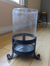 Rustic Hurricane Handblown Glass Cylinder Candle Holder on Iron Base.Large 12x6"