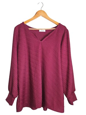 Kaileigh Pullover Rich Textured Burgundy Long Sleeves Blouse Women 2X Careerwear