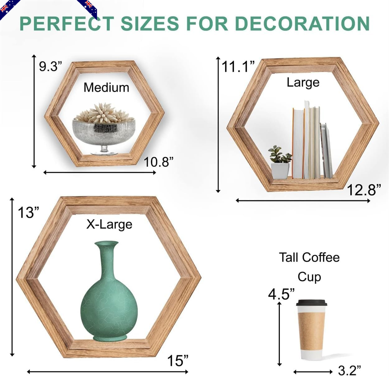 Set of 3 Hexagon Floating Shelves, Home Decor Hexagon Shelves, Wood