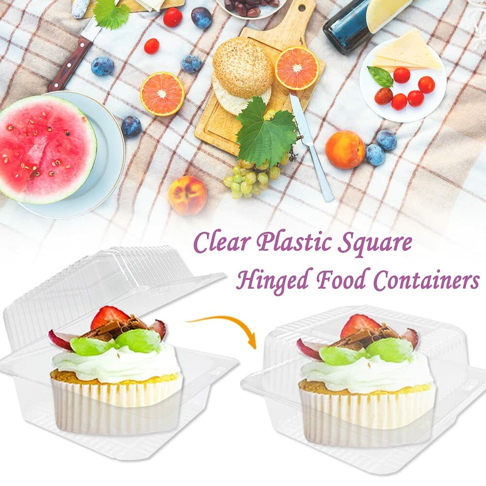 100 Pcs Clear Plastic Square Hinged Food Container,Disposable Clamshell