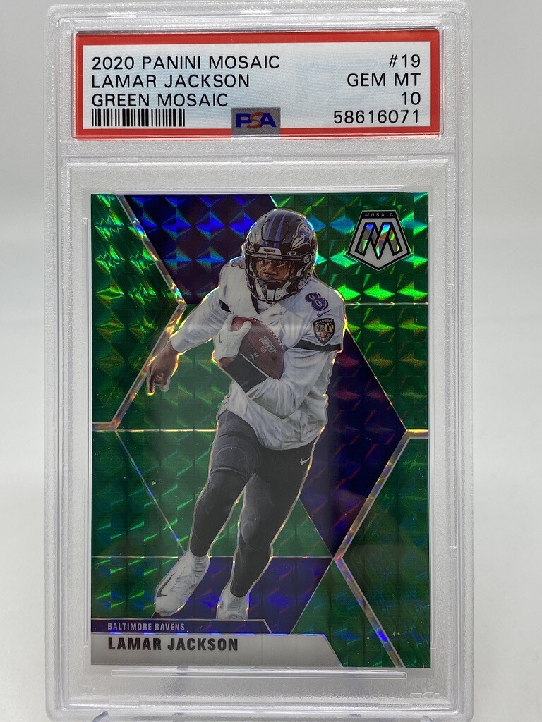2020 Panini Mosaic #19 Lamar Jackson Green Mosaic - PSA 10 view 8