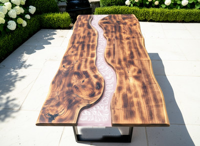 Pink Resin River Live Edge Dining Table | Handmade Solid Wood Epoxy Table