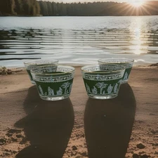 Set of 4 JEANETTE Jasperware Grecian Hellenic Glass LOW BALL Tumbler Green Vint