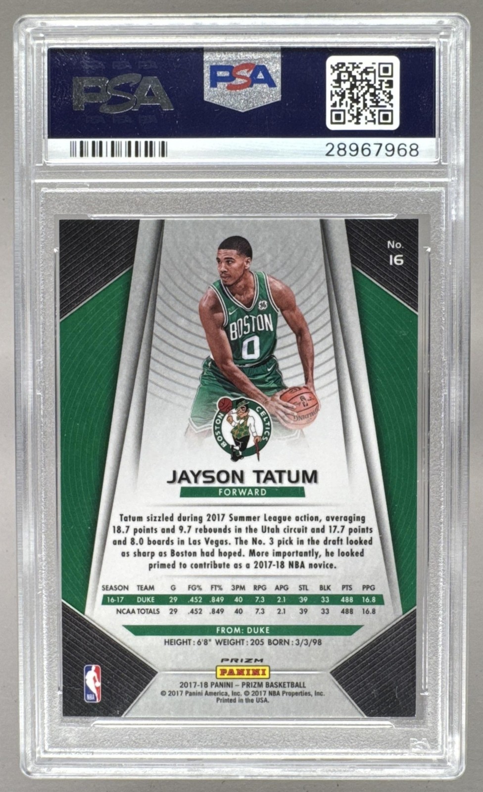 Jayson Tatum 2017 Panini Prizm #16 Silver Rookie RC PSA 10 view 2