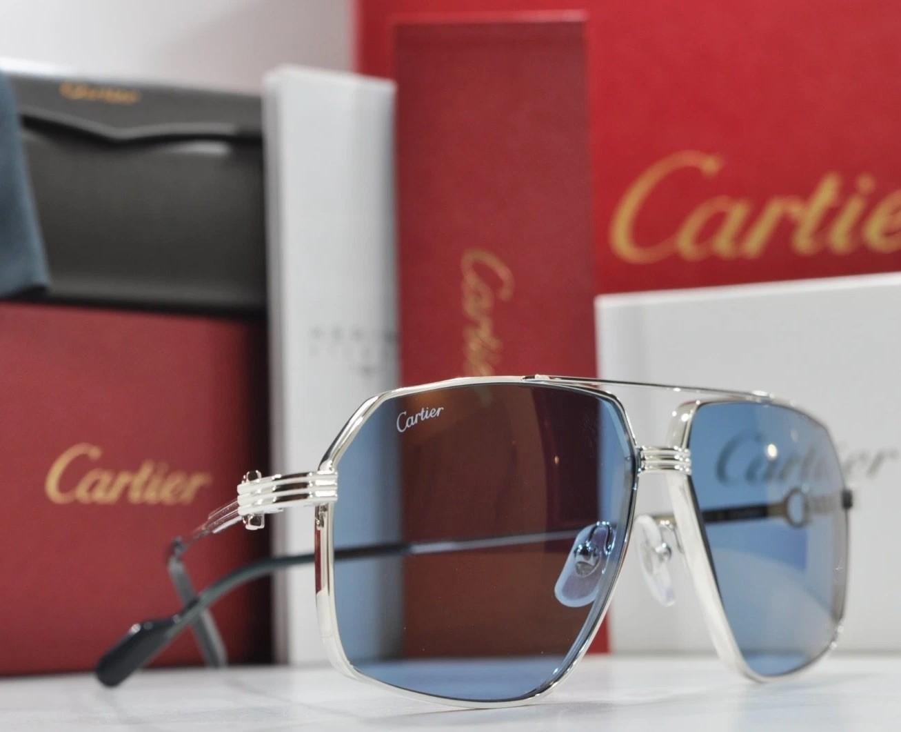 Cartier Premiere Pilot Sunglasses 60mm Silver Blue Frame New Eyeglass-image