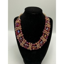 Ruby Red AB Glass Bead Multi Strand Statement Necklace Gold Tone Bib Chunky