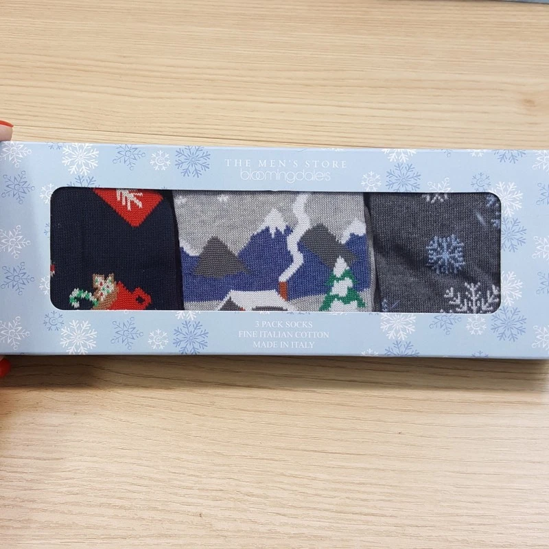 BLOOMINDALES Crew Socks Mens Holiday Winter Snow 3-Pack Gift Box Cotton Italy - Image 2 of 4