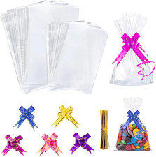 100 Stück Cellophan-Geschenktüten transparent, mit Schleifen und Bändern, 2 Größ