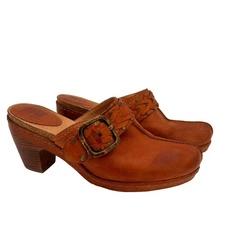 Frye Candice Woven Leather Brown Braided Buckle Clogs Size 7.5