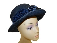 Vtg Gruppo Italiano Black Bowler Wool Hat With Satin  Velvet Floral Accents