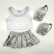 Build A Bear White Sequin Necklace Top Silver Satin Pleated Skirt Teddy Shoes