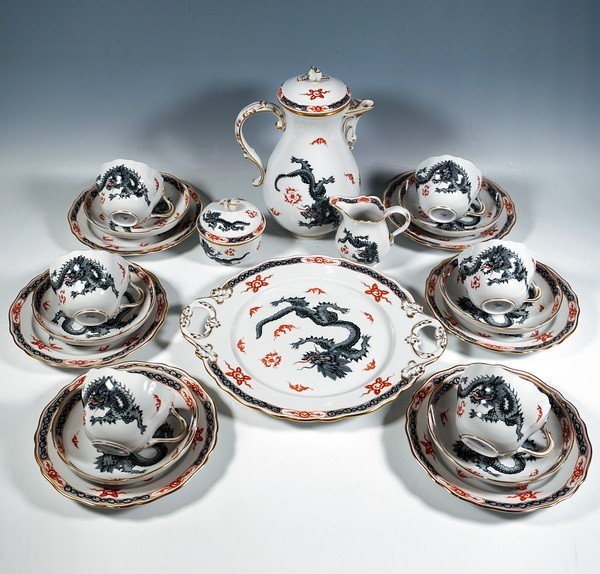 Meissen Porcelain Coffee Service 6 Pcs Ming Dragon Set Black Gold