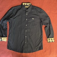 Vintage Burberry Shirt Men  s L Navy Blue Long Sleeve Nova Check Flip Cuff Mint 