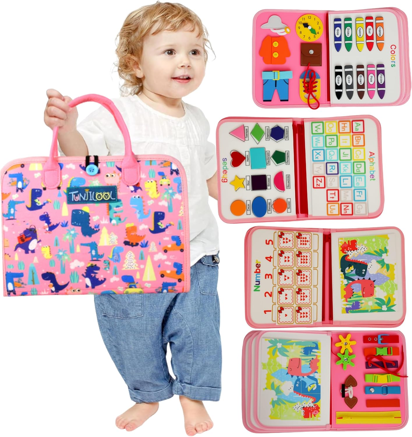 Montessori Busy Board - 8-In-1 Sensory Activity Book with Detachable Pages, Trav