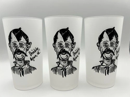 Vintage Federal Glass Frosted Tumblers – ‘Drinking Again, eh?’ Set Of 3 1960s