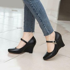 Women's Ladies Wedge High Heels Court OL Dress Pumps Ankle Strap Casual Shoes SZ
