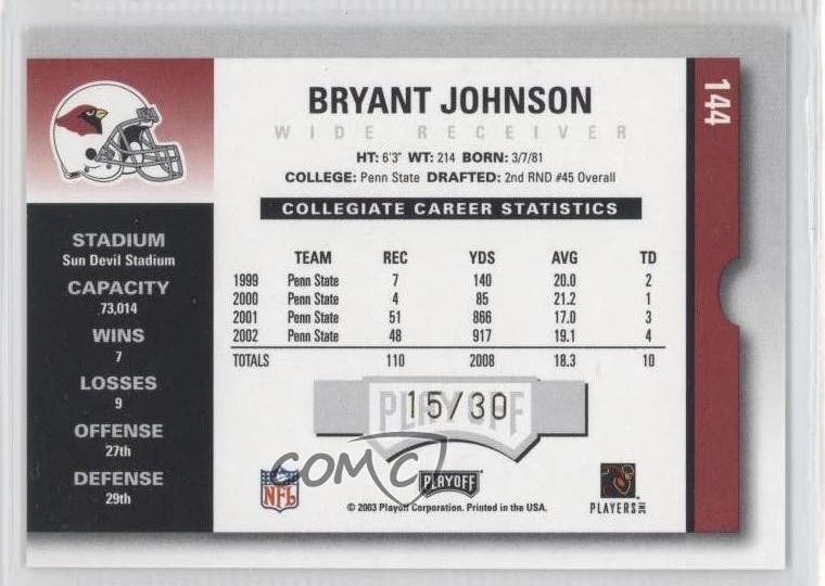 2003 Playoff Contenders Playoff Ticket /30 Bryant Johnson #144 Rookie RC - Image 2 of 2