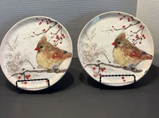 Transpac Lunch Plates Cardinal Bird on Branch with Red Berries Set of Two 8”
