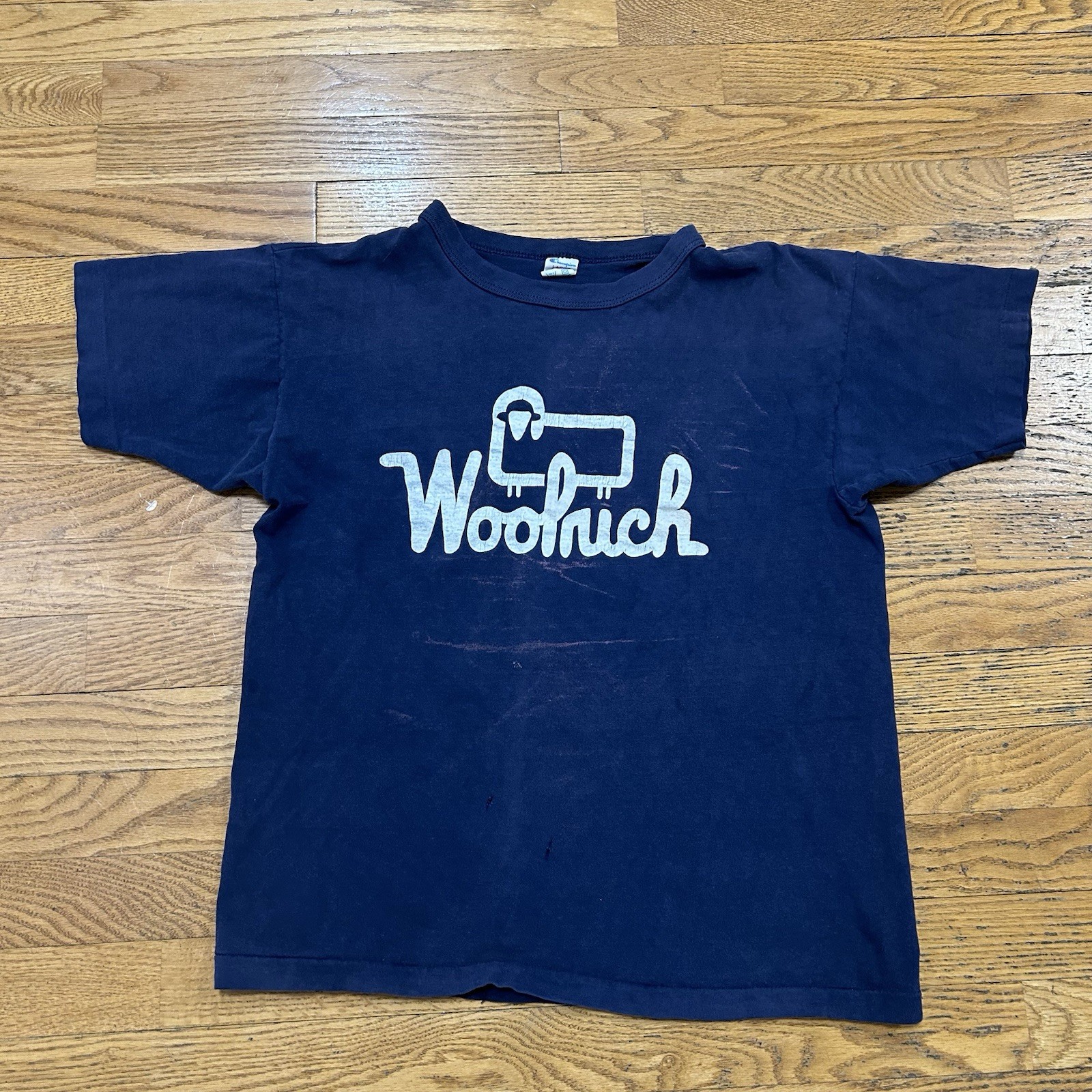 Vintage 1980s Woolrich Champion Tee Shirt Size Small Made in USA Navy Blue