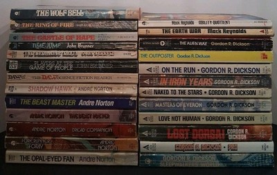 VTG Book Lot of 25 Fantasy Sci-fi Norton Brunner Dickson Reynolds Murphy G to VG