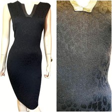 Nice St John Knit Animal Print Black w Leather trim Dress sz 14