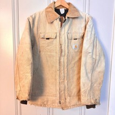 Vtg Carhart Chore Coat light Brown Artic Duck Canvas Lined USA Very Distressed