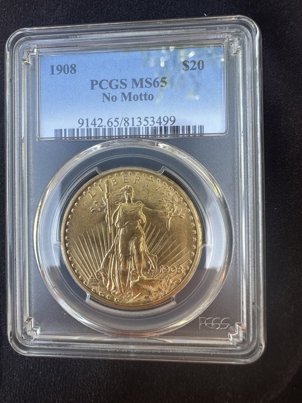 1908 'No Motto' $20 Gold Saint Gaudens Double Eagle PCGS MS65 - Lustrous PQ