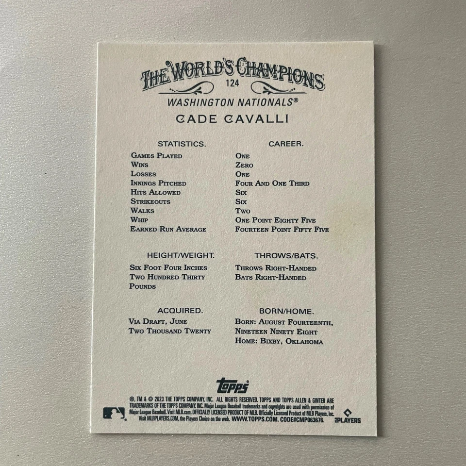 2023 Topps Allen & Ginter #124 Cade Cavalli RC - Image 2 of 2