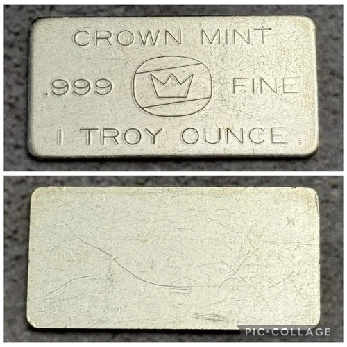 Rare, Vintage Crown Mint  - 1 troy oz .999 Fine Silver Bar