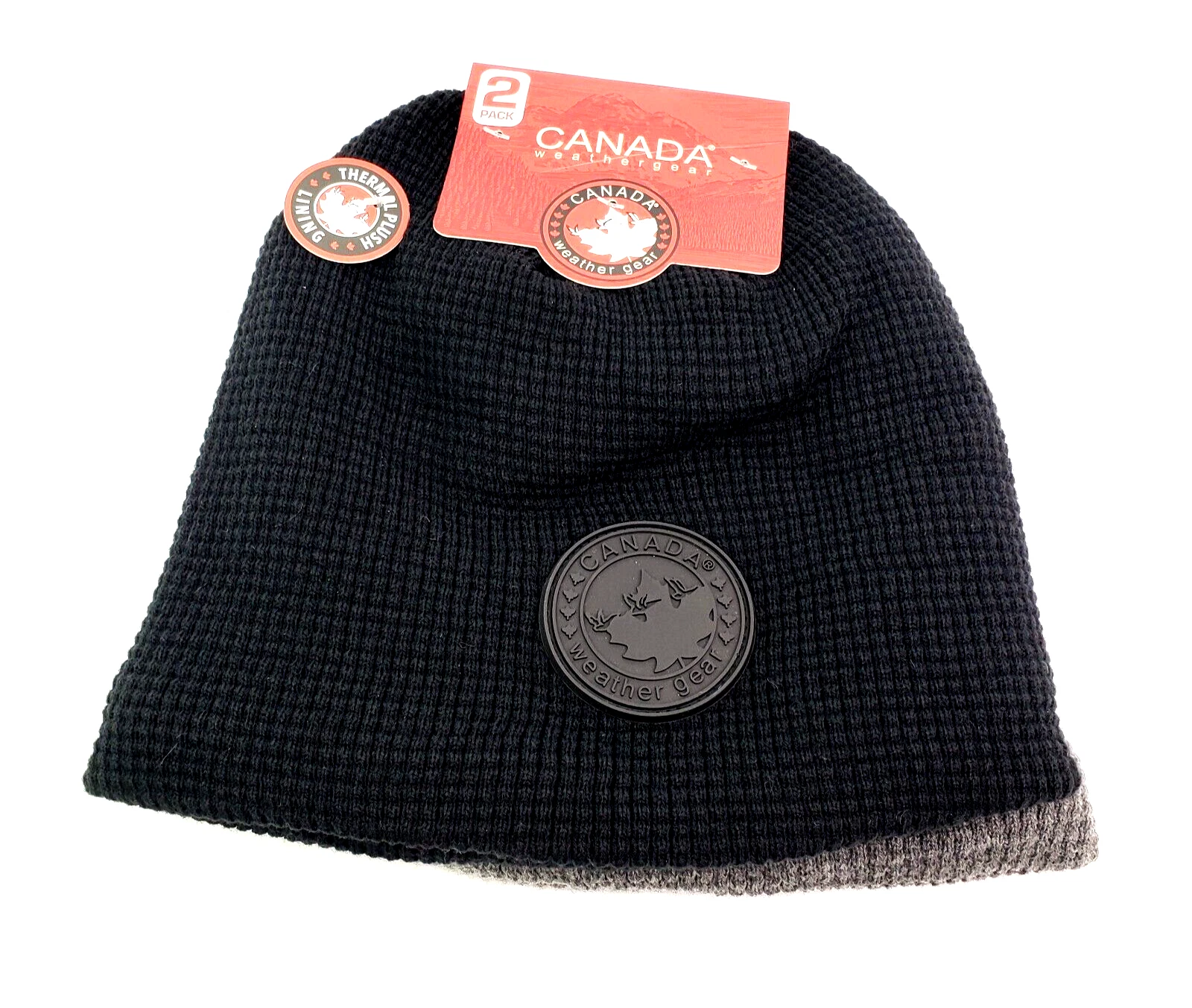 Canada Weather Gear Adult Black Gray Thermal Plush Knit Warm Winter Beanies 2Pk
