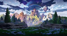Landscape castle mountains blue flowers rocky floating Custom Gaming Mat Desk