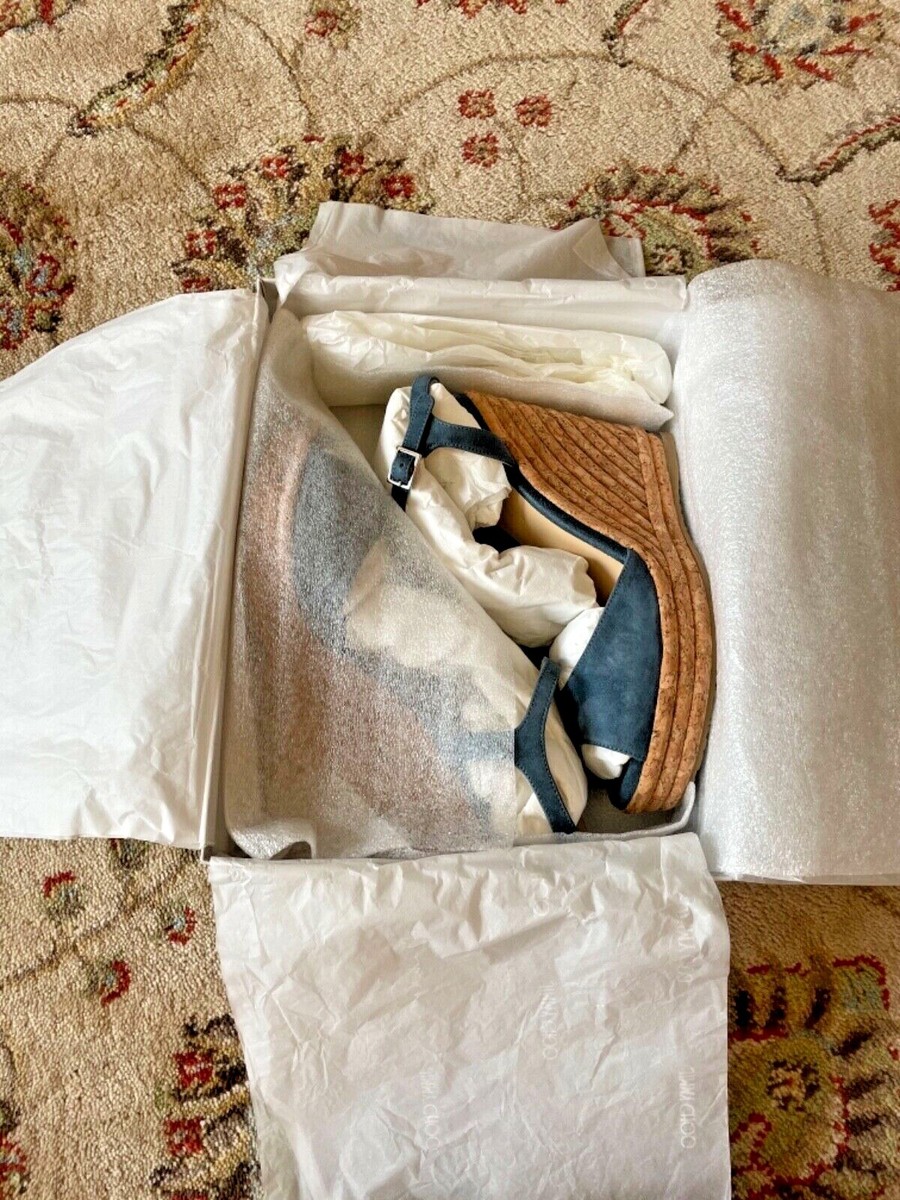 JIMMY CHOO の靴♪ ★ CHOO WEDGE ★ 120mm OCCC【多色在庫】 Jimmy Choo London Dusk Blue Perla 120 Wedge Sandal Size 7/40