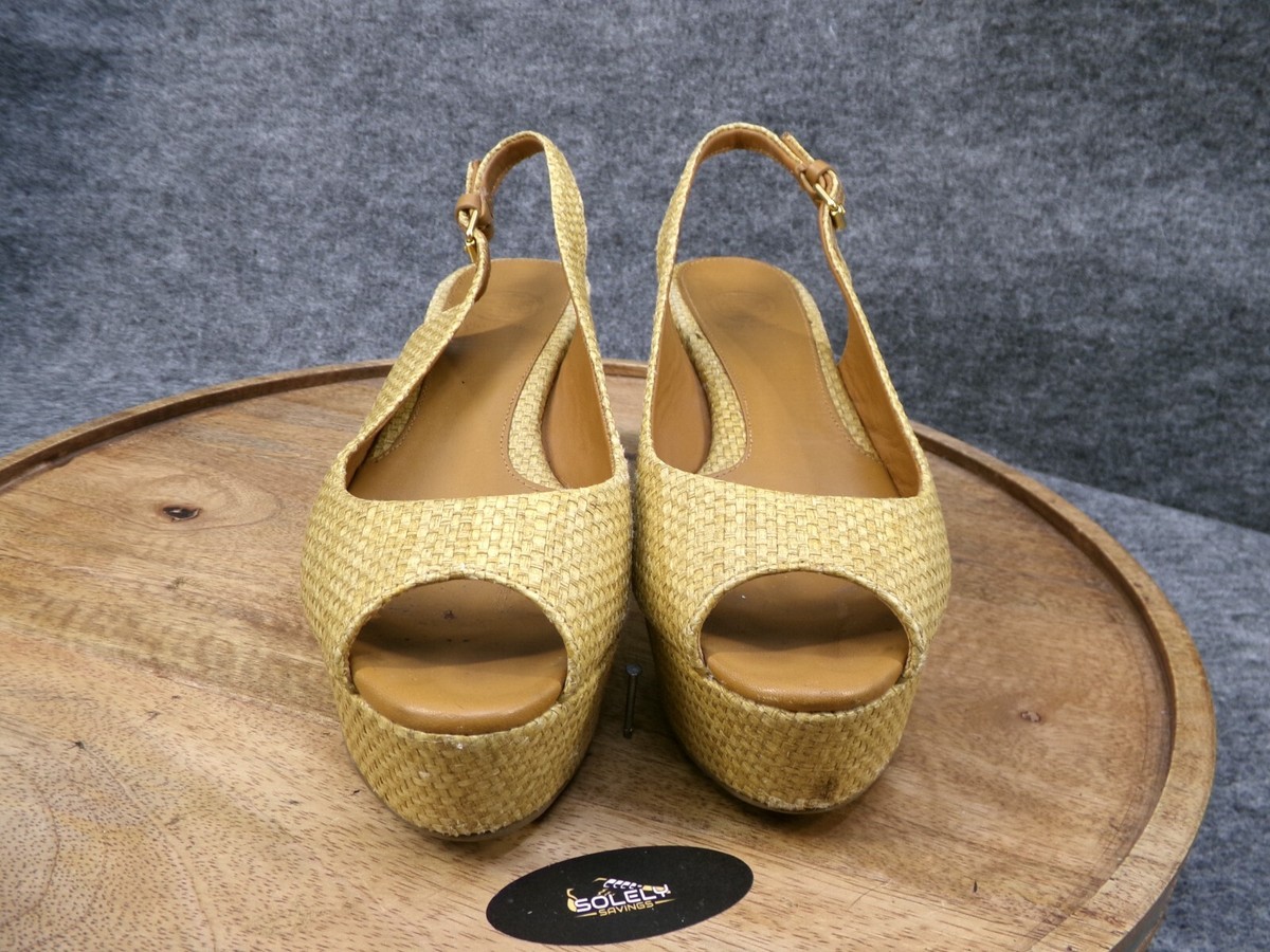 Tory Burch Raffia Wedge Woven Straw Leather Boho Natural