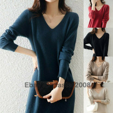 Woman Wool Blend  Sweaters Knitted Pullovers Dresses Female Jumper V-neck Top
