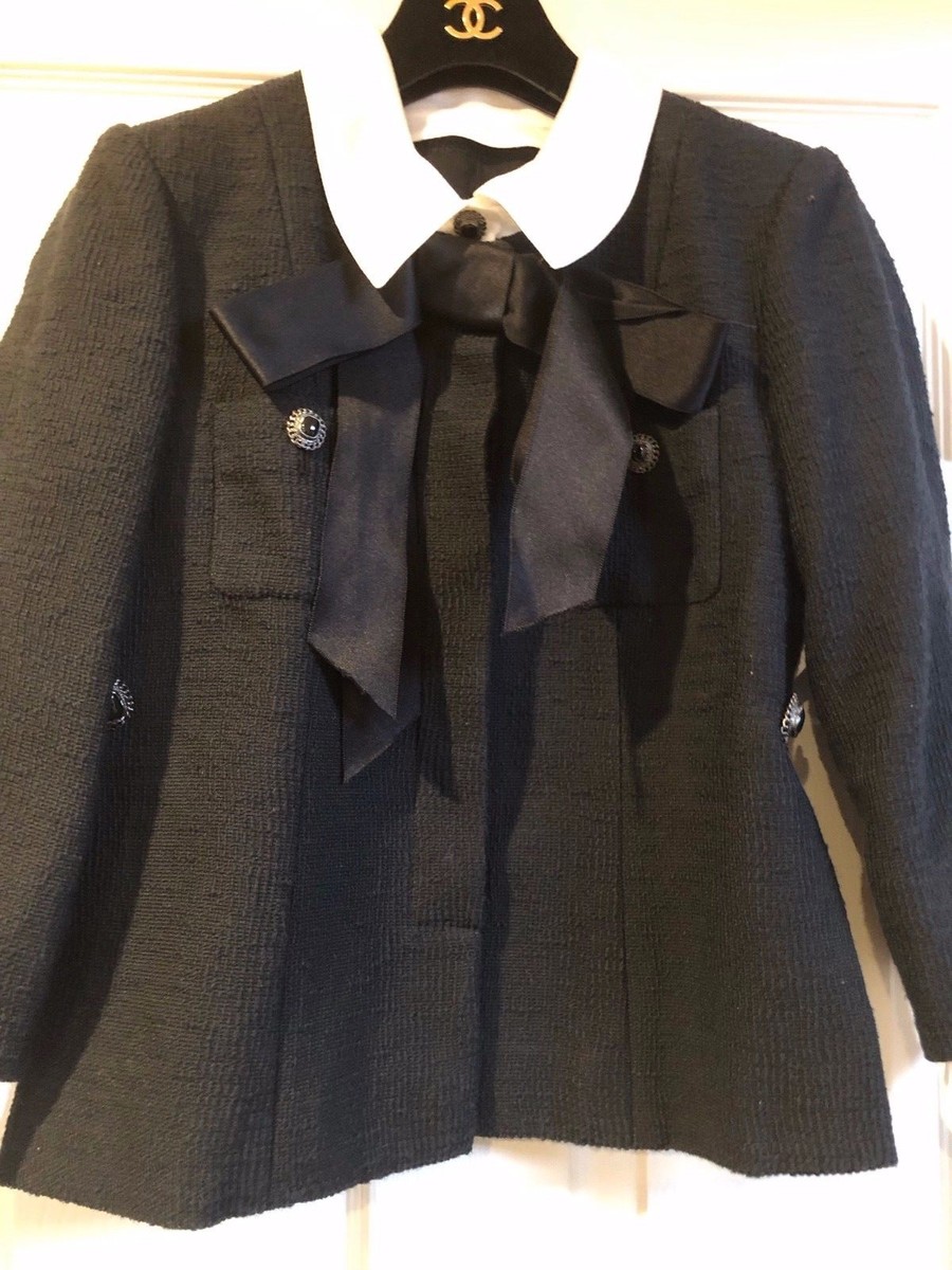 CHANEL 10P VINTAGE LITTLE BLACK JACKET NEW TWEED BOW CUFFS