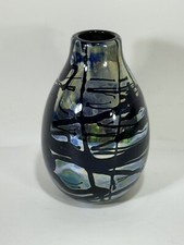 Vintage Signed Iridescent Swirls Cobalt Blue Art Glass Vase Hand Blown - 7" High