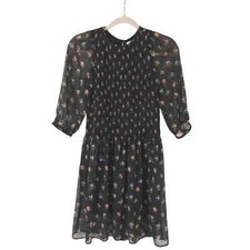 Zara Black Floral Smocked Sheer Sleeve Dress