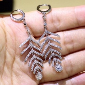 Authentic 2Ct Round Cut Real Moissanite Feather Drop Dangle Earrings 14K White Gold Plated