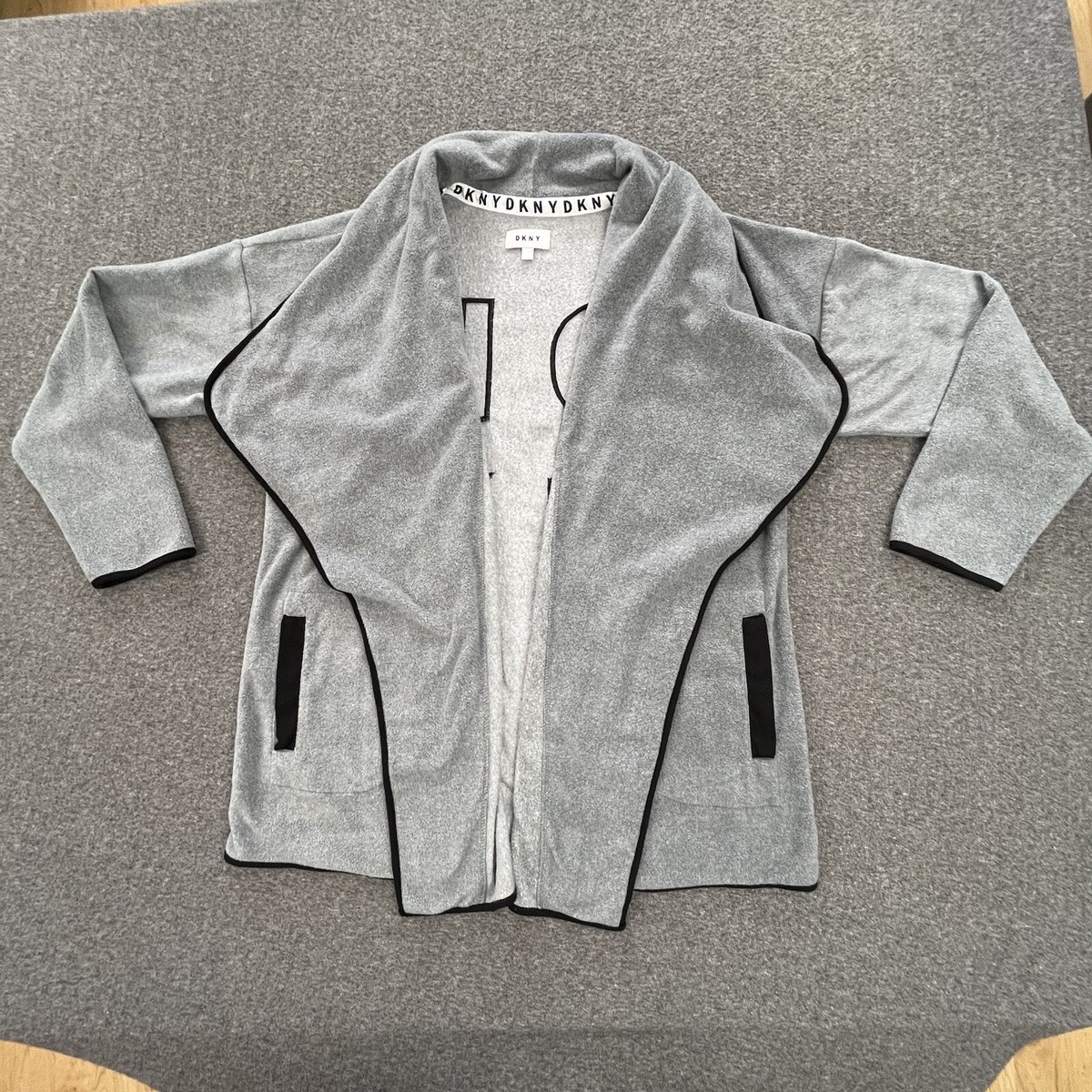 DKNY Fleece Cardigan Sweater Jacket Womens Large Open Front Gray