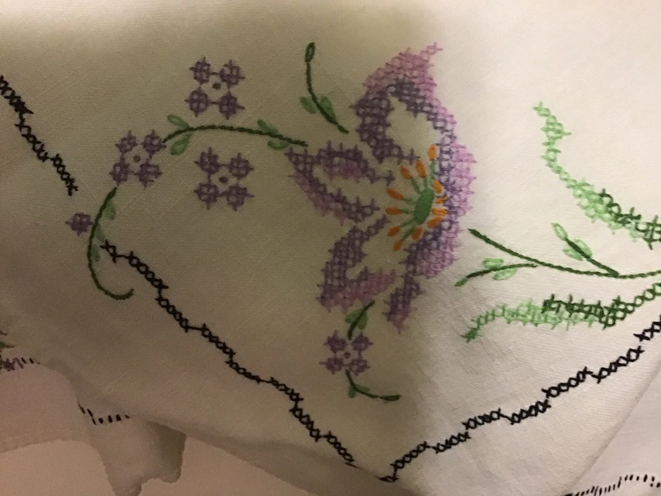 Vintage Floral Hand Embroidered Dinner Table Cloth  48”X 63” - Image 4 of 4
