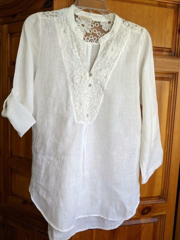 Pike White Linen Embroidered Lace Long Sleeve Top Shirt / Tunic Italy Small