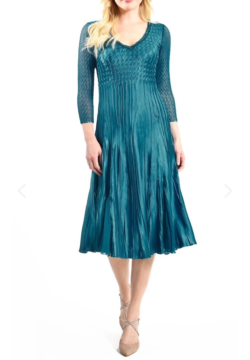 Komarov Beaded Neck Chiffon & Charmeuse Midi Dress in True Emerald Bluombr