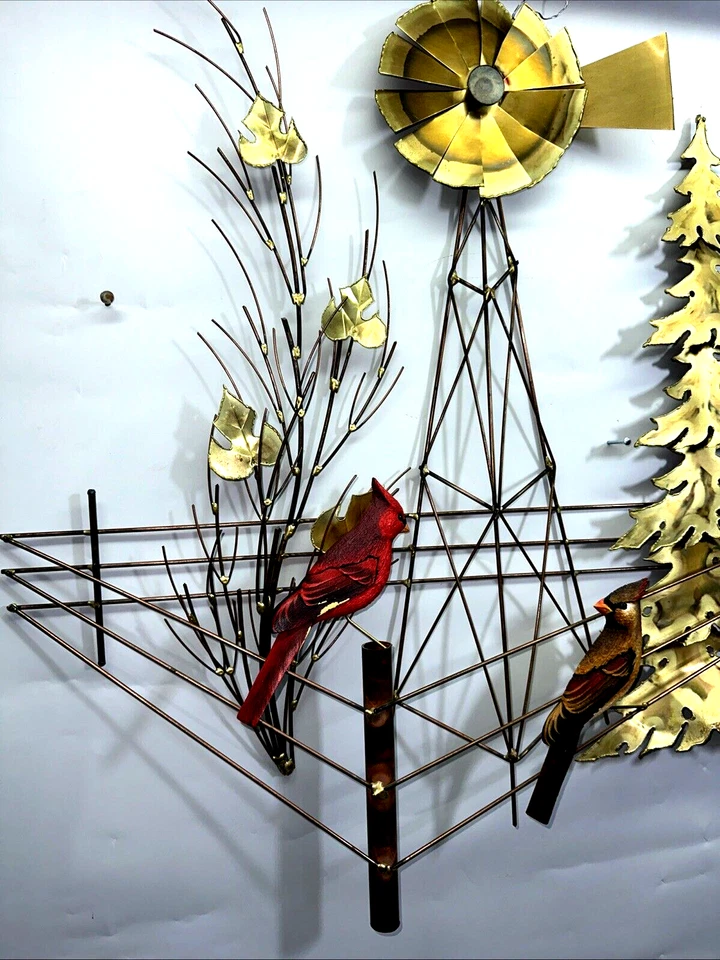Vintage Brutalist Curtis Jere Style Metal NATURE Sculpture w/wood Birds 30"x28" - Image 3 of 4