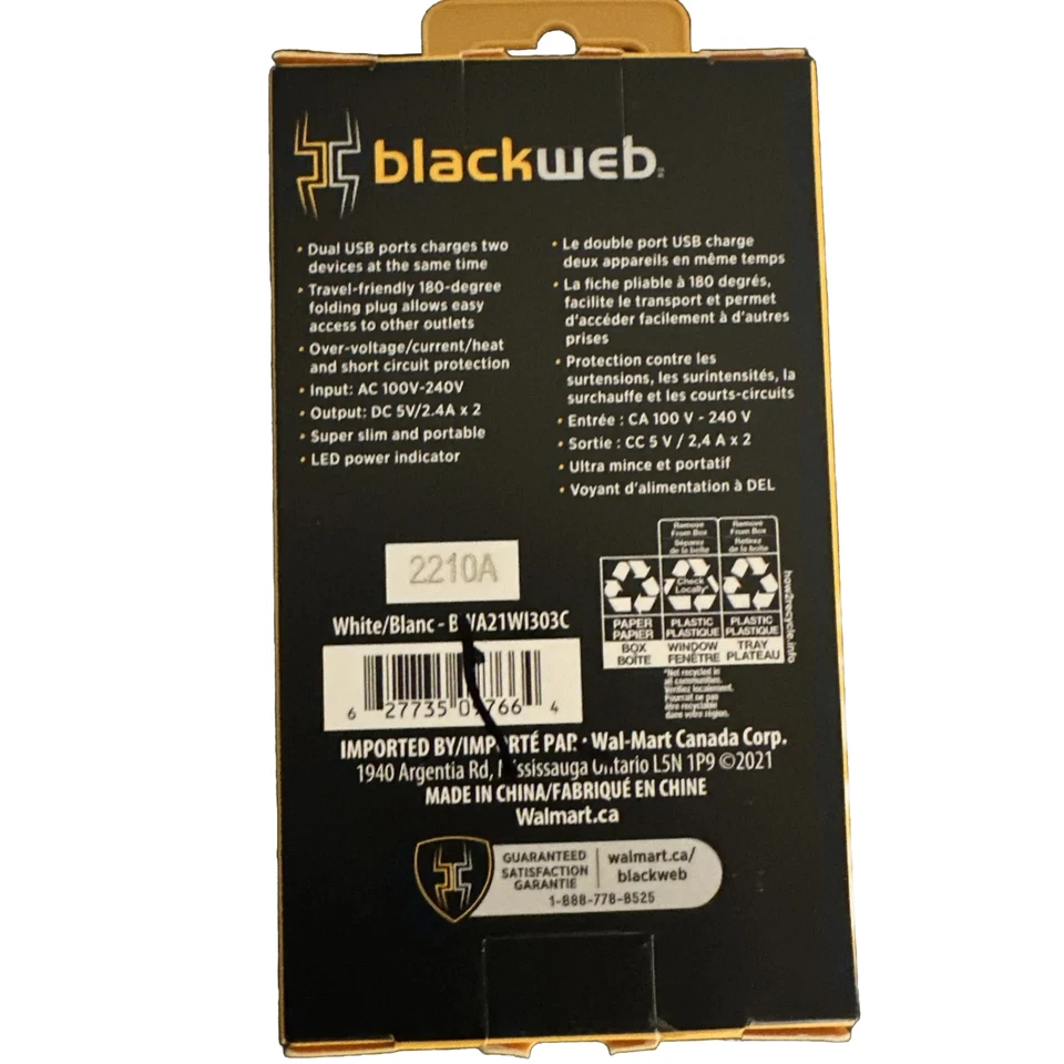 Cargador de pared USB de doble puerto Blackweb, blanco Foto 2 de 2