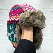 Y2K Vintage Trapper Hat Winter Snow Colorful Fair Isle Nordic Icelandic Outdoor