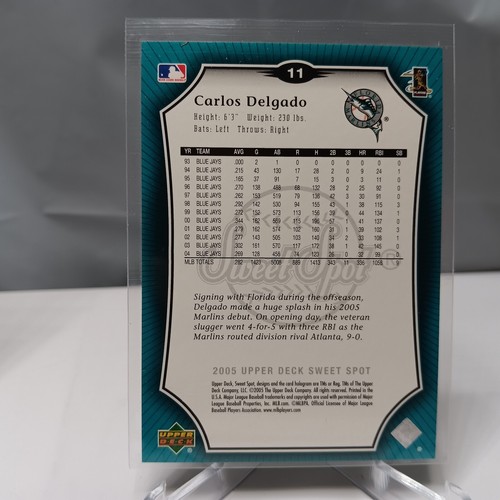 2005 Sweet Spot Gold Florida Marlins Baseball Card #11 Carlos Delgado 372 /599 - Picture 4 of 4