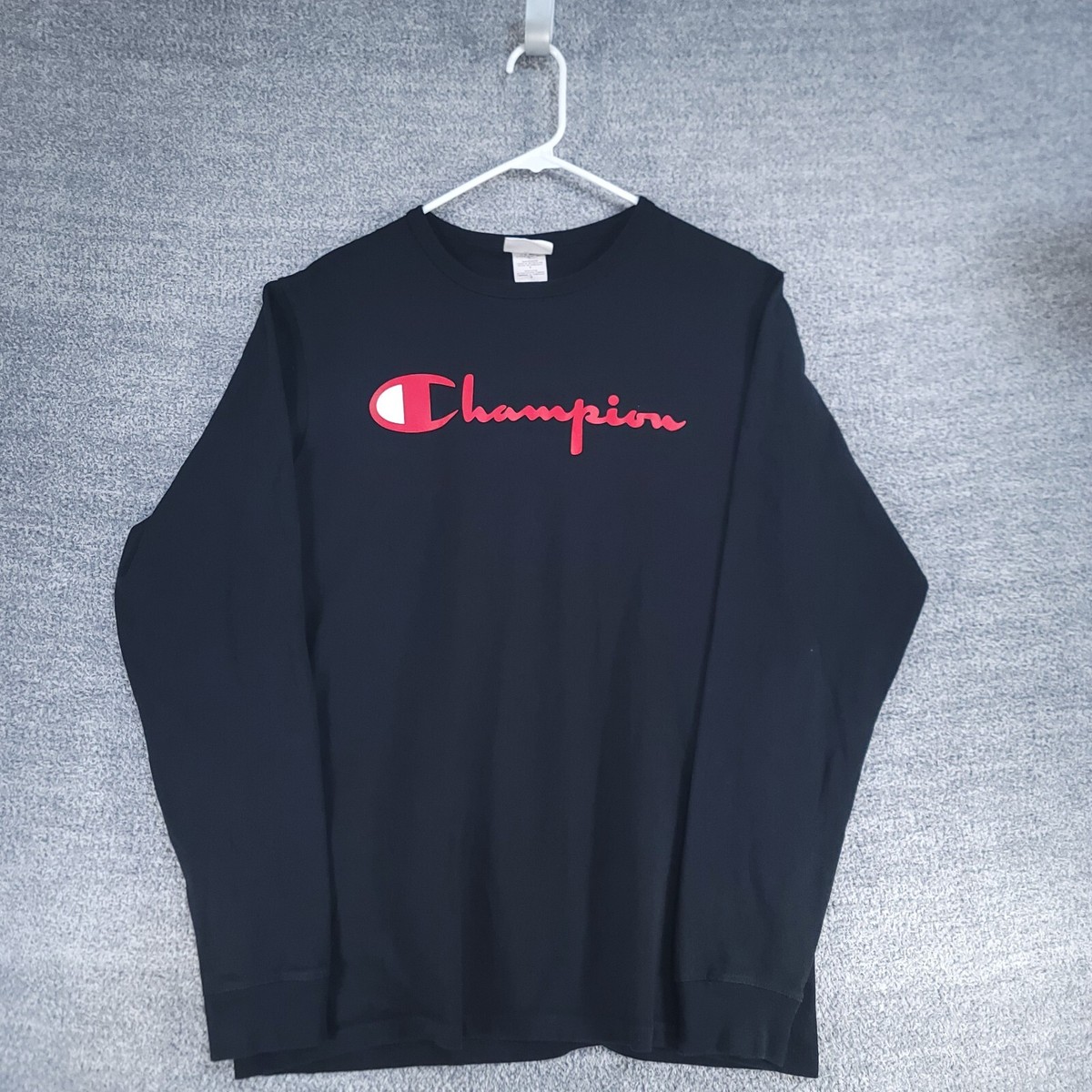 Champion Shirt Mens Large Black Long Sleeve Red Script Embroidered