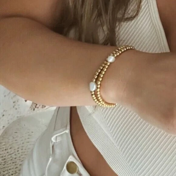 Pulseira elástica de ouro contas de ouro com pulseira de pérolas À PROVA D'ÁGUA ouro sem mancha - Imagem 2 de 4